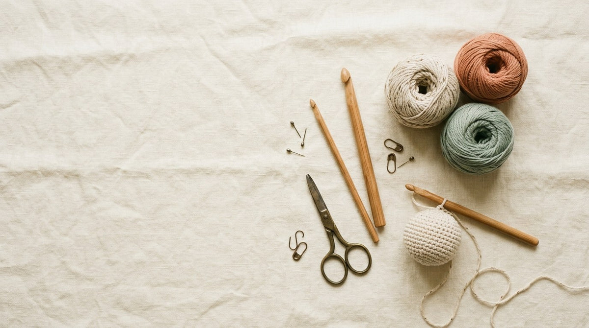 Crochet hooks, yarn and a work in progress on cream linen